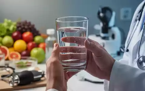 Hände halten ein Glas Wasser, im Hintergrund verschwommen Elemente eines gesunden Lebensstils und medizinische Geräte. - Foto: über boerse-global.de