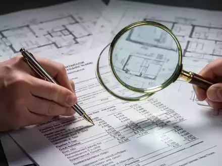 Eine Hand unterschreibt ein Dokument, eine Lupe über Zahlen zur Immobilienbewertung und Erbschaftsteuer, im Hintergrund Baupläne. - Foto: über boerse-global.de