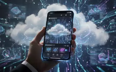 Eine Hand hält ein Smartphone mit KI-gestützten Fotobearbeitungsfunktionen, unscharfer digitaler Hintergrund symbolisiert Cloud-Computing. - Foto: über boerse-global.de