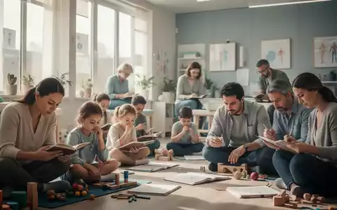 Eine Gruppe konzentrierter Personen, Kinder und Erwachsene, führt in einem Therapieraum aufmerksamkeitsfördernde Übungen durch. - Foto: über boerse-global.de