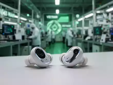 Nahaufnahme futuristischer weißer kabelloser Ohrhörer mit Kameralinsen auf minimalistischer Oberfläche, im Hintergrund verschwommene Elektronikfabrik in Vietnam. - Foto: über boerse-global.de