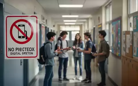 Ein verschwommener Schulflur mit einem deutlich sichtbaren 'Handyverbot'-Schild. Im Hintergrund interagieren Schüler ohne Telefone. - Foto: über boerse-global.de