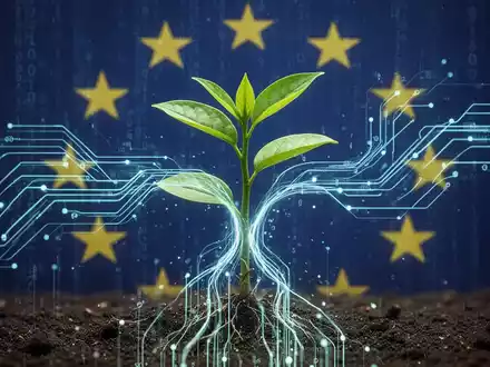 Digitale Datenströme fließen in eine wachsende grüne Pflanze, symbolisierend die Integration von Nachhaltigkeit in Finanzregulierung. - Foto: über boerse-global.de