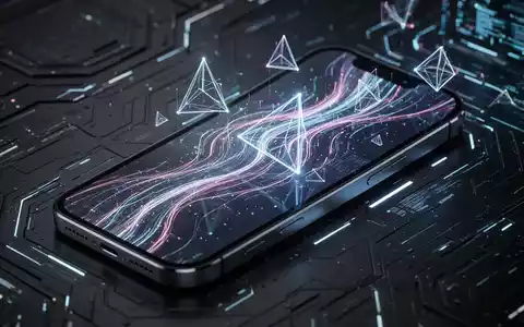 Futuristischer iPhone-Bildschirm mit abstrakten, leuchtenden Linien und geometrischen Formen, die Softwareentwicklung und Daten symbolisieren. - Foto: über boerse-global.de