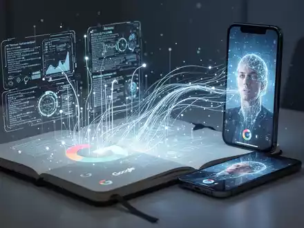 Offenes Notizbuch mit leuchtenden digitalen Daten, die in ein Smartphone mit vertikalem Video fließen, symbolisiert KI-gestützte Notizen und Videogenerierung. - Foto: über boerse-global.de