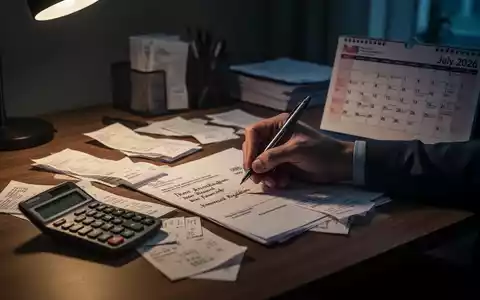 Ein Schreibtisch im Heimbüro mit verstreuten Quittungen, einem Taschenrechner und einem Kalender, der auf Juli 2026 geöffnet ist. Eine Hand schreibt eilig Notizen. - Foto: über boerse-global.de