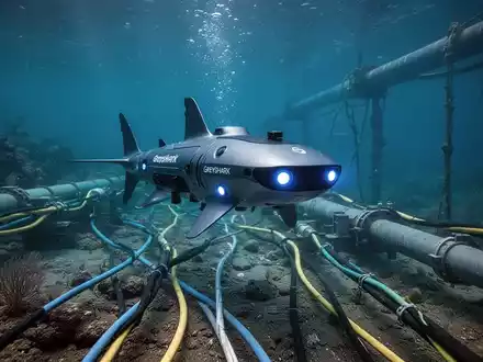 Fortschrittliche KI-gesteuerte Unterwasser-Drohne Greyshark überwacht Tiefseekabel und Pipelines in klarem, tiefblauen Wasser. - Foto: über boerse-global.de