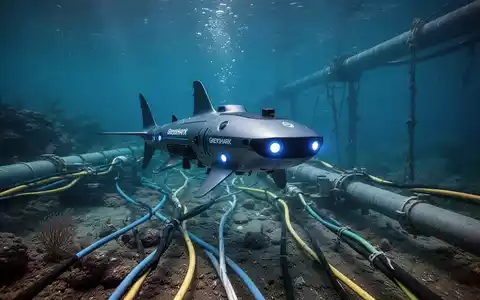 Fortschrittliche KI-gesteuerte Unterwasser-Drohne Greyshark überwacht Tiefseekabel und Pipelines in klarem, tiefblauen Wasser. - Foto: über boerse-global.de