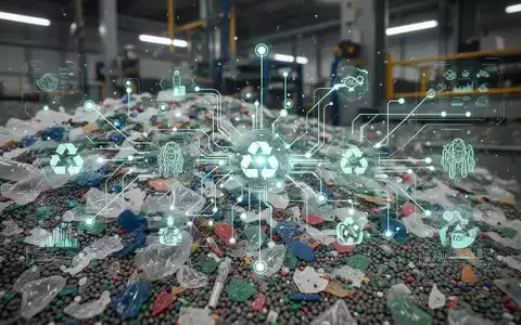 Digitale Oberfläche mit Datenvisualisierungen über recycelten Kunststoffen, die KI und ERP im Kunststoffrecycling-Management darstellt. - Foto: über boerse-global.de
