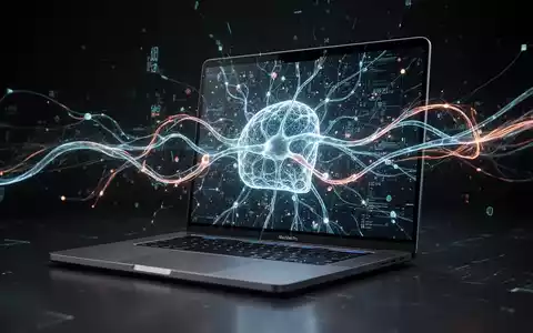 Schlankes, futuristisches MacBook Pro mit leuchtenden KI-Neuronalnetz-Grafiken auf dem Bildschirm, vor dunklem High-Tech-Hintergrund. - Foto: über boerse-global.de