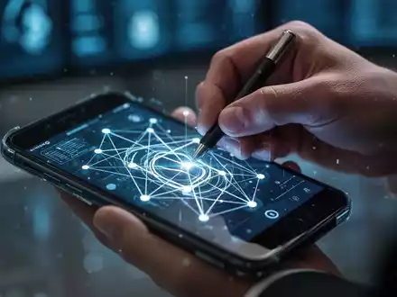 Eine Hand zeichnet ein Entsperrmuster auf einem Smartphone-Bildschirm mit digitalen Überlagerungen, die eine Sicherheitslücke andeuten. - Foto: über boerse-global.de
