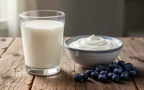 Ein Glas Milch und eine Schale Joghurt mit Blaubeeren auf einem Holztisch, im sanften Licht beleuchtet. - Foto: über boerse-global.de