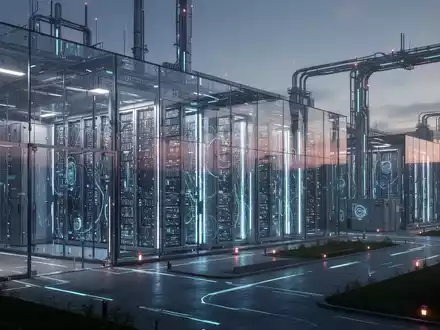 Eine weitläufige, futuristische Rechenzentrumsanlage bei Dämmerung mit leuchtenden Server-Racks und moderner Infrastruktur. - Foto: über boerse-global.de