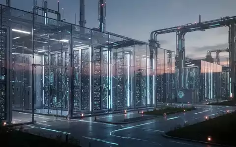 Eine weitläufige, futuristische Rechenzentrumsanlage bei Dämmerung mit leuchtenden Server-Racks und moderner Infrastruktur. - Foto: über boerse-global.de
