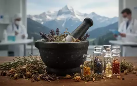 Ein Mörser und Stößel mit getrockneten Kräutern und kleinen Glasfläschchen, die auf Homöopathie hinweisen, vor verschwommenem Hintergrund. - Foto: über boerse-global.de