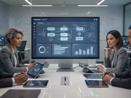 Professionelles Bild eines Teams, das in einem modernen Büro um einen Bildschirm mit Prozessdiagrammen und Datenanalysen zusammenarbeitet. - Foto: über boerse-global.de
