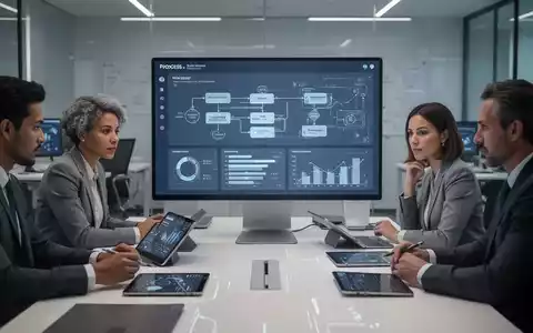 Professionelles Bild eines Teams, das in einem modernen Büro um einen Bildschirm mit Prozessdiagrammen und Datenanalysen zusammenarbeitet. - Foto: über boerse-global.de
