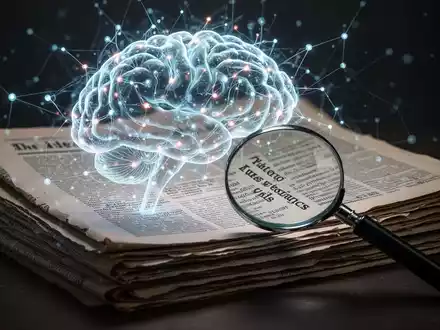Leuchtendes neuronales Netz-Gehirn über alten Zeitungen, Lupe untersucht Text. - Foto: über boerse-global.de