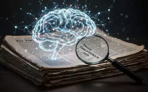 Leuchtendes neuronales Netz-Gehirn über alten Zeitungen, Lupe untersucht Text. - Foto: über boerse-global.de