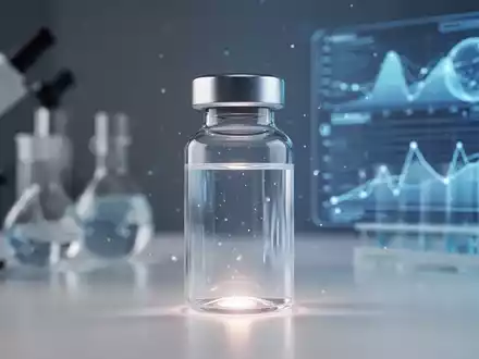 Nahaufnahme eines modernen pharmazeutischen Fläschchens mit einem subtilen Schein, im Hintergrund verschwommene wissenschaftliche Instrumente. - Foto: über boerse-global.de