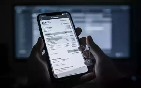Nahaufnahme einer Hand, die ein Smartphone mit einer manipulierten digitalen Rechnung und geänderten Bankdaten hält. - Foto: über boerse-global.de