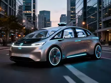 Ein modernes, elegantes autonomes Robotaxi fährt in der Dämmerung eine Stadtstraße entlang. - Foto: über boerse-global.de