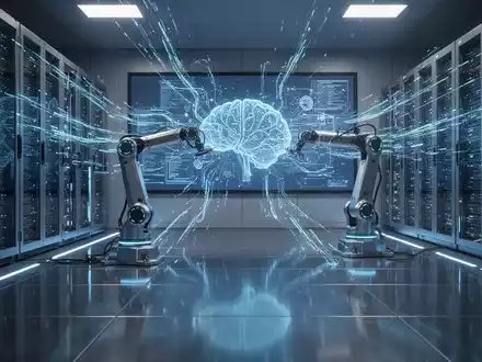 Zukunftsorientierter Serverraum mit blauen Datenströmen und Roboterarm, der mit KI-Modell auf Großbildschirm interagiert. - Foto: über boerse-global.de