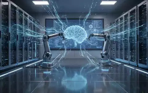 Zukunftsorientierter Serverraum mit blauen Datenströmen und Roboterarm, der mit KI-Modell auf Großbildschirm interagiert. - Foto: über boerse-global.de