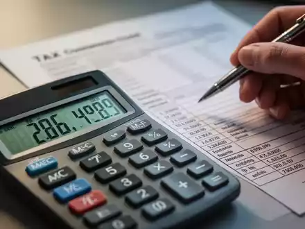 Nahaufnahme eines Taschenrechners mit Finanzzahlen und einer Hand, die einen Stift über einem Steuerformular hält. - Foto: über boerse-global.de