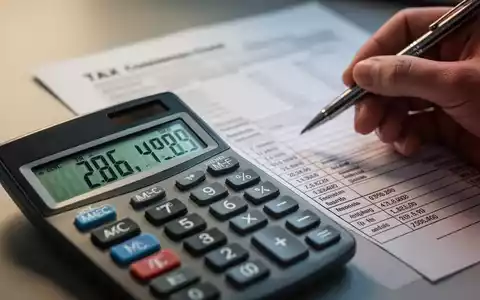 Nahaufnahme eines Taschenrechners mit Finanzzahlen und einer Hand, die einen Stift über einem Steuerformular hält. - Foto: über boerse-global.de