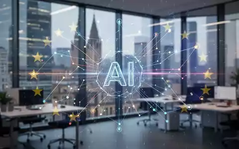 Abstrakte visuelle Darstellung von KI-Regulierung und Compliance, mit digitalen Linien und Knoten, die ein 'KI'-Symbol formen. - Foto: über boerse-global.de