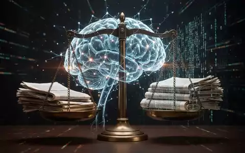 Stilisierte KI als Gehirn mit Waage der Justiz, aus dem Gleichgewicht gebracht durch Bücher, Zeitungen und digitalen Code. - Foto: über boerse-global.de
