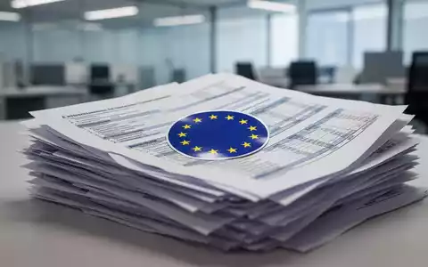 Eine Stapel von Finanzberichten mit einem EU-Flaggenaufkleber, der die Regulierung und die Entscheidungen der EU-Kommission symbolisiert. - Foto: über boerse-global.de