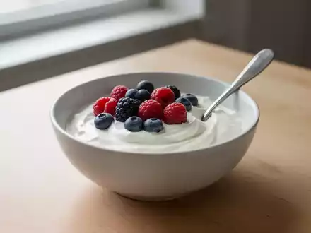 Eine Nahaufnahme einer Schale griechischen Joghurts mit frischen Beeren auf einem Holztisch, im sanften Licht. - Foto: über boerse-global.de