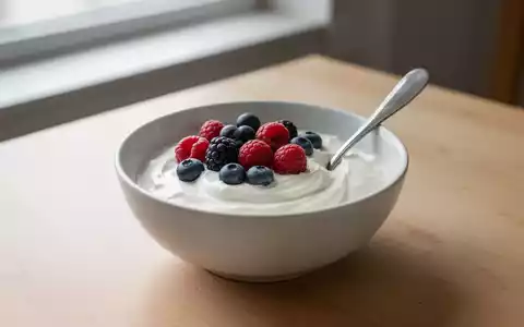 Eine Nahaufnahme einer Schale griechischen Joghurts mit frischen Beeren auf einem Holztisch, im sanften Licht. - Foto: über boerse-global.de