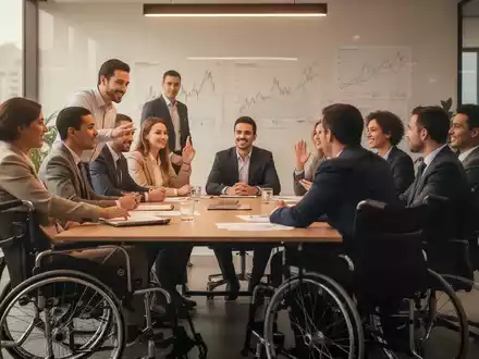 Eine Gruppe von Fachkräften in einem modernen Büro, eine Person im Rollstuhl nimmt aktiv an einem Teammeeting teil. - Foto: über boerse-global.de