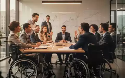 Eine Gruppe von Fachkräften in einem modernen Büro, eine Person im Rollstuhl nimmt aktiv an einem Teammeeting teil. - Foto: über boerse-global.de