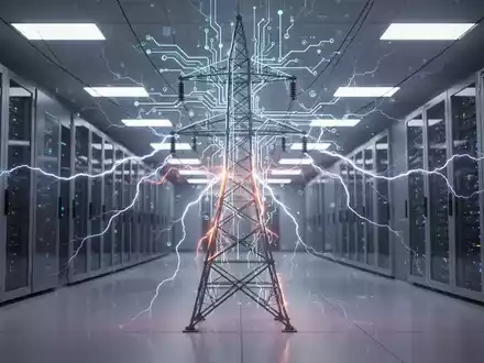 Leuchtende neuronale Netzwerkplatine ĂŒber Strommast, symbolisiert KI-Rechenzentrum-Energiekosten und -Politik. - Foto: ĂŒber boerse-global.de
