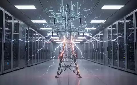 Leuchtende neuronale Netzwerkplatine über Strommast, symbolisiert KI-Rechenzentrum-Energiekosten und -Politik. - Foto: über boerse-global.de
