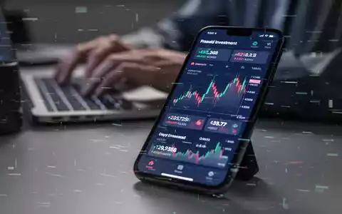 Ein Smartphone zeigt eine betrügerische Investmentplattform mit einem Glitch-Effekt, während im Hintergrund jemand am Laptop tippt. - Foto: über boerse-global.de