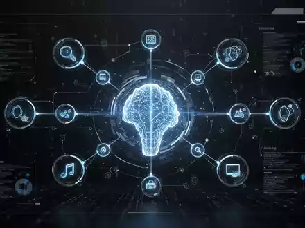 Konzeptionelle KI-gestützte Betriebssystemoberfläche mit zentraler leuchtender Kugel und vernetzten digitalen Elementen. - Foto: über boerse-global.de