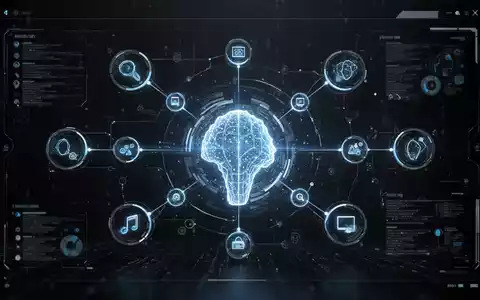 Konzeptionelle KI-gestützte Betriebssystemoberfläche mit zentraler leuchtender Kugel und vernetzten digitalen Elementen. - Foto: über boerse-global.de