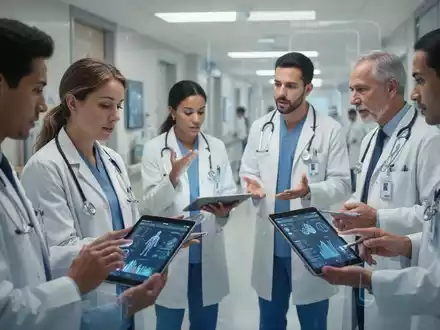 Eine Gruppe von Gesundheitsmanagern und Pflegefachkräften diskutiert in einem modernen Krankenhausumfeld, einige blicken auf Tablets. - Foto: über boerse-global.de