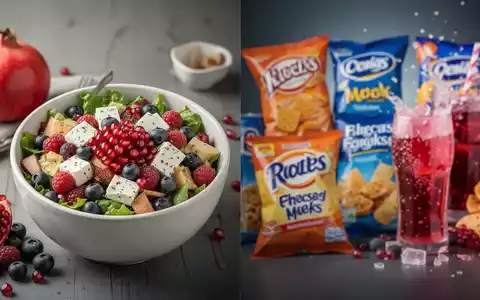 Eine Schale mit gesunder mediterraner Ernährung, Beeren und Granatapfel, im Kontrast zu unscharfen ungesunden Snacks im Hintergrund. - Foto: über boerse-global.de