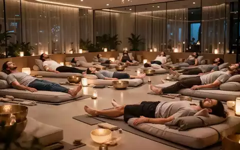 Ein ruhiger, moderner Lounge-Club mit mehreren Personen, die auf bequemen Liegen entspannen und meditieren, um Stress abzubauen. - Foto: über boerse-global.de
