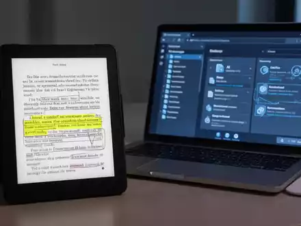 Nahaufnahme eines E-Readers mit markiertem Text und Laptop-Bildschirm mit E-Book-Verwaltungssoftware. - Foto: über boerse-global.de