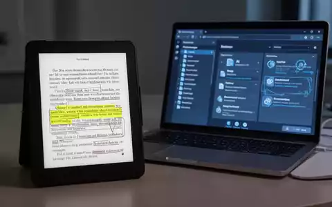 Nahaufnahme eines E-Readers mit markiertem Text und Laptop-Bildschirm mit E-Book-Verwaltungssoftware. - Foto: über boerse-global.de