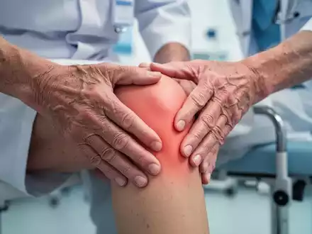 Nahaufnahme der Hände einer älteren Person, die ihr Knie berühren, mit einem weichgezeichneten Hintergrund, der ein medizinisches Umfeld andeutet. - Foto: über boerse-global.de