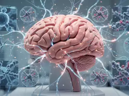 Ein detailliertes Modell eines Gehirns mit leuchtenden Nervenbahnen und mikroskopischen Proteinstrukturen, das Alzheimer-Forschung darstellt. - Foto: über boerse-global.de