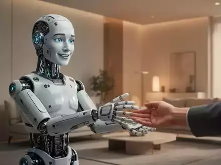 Nahaufnahme einer humanoiden Roboterhand, die eine menschliche Hand berührt, Symbol für fortschrittliche Mensch-Roboter-Interaktion und emotionale Intelligenz. - Foto: über boerse-global.de